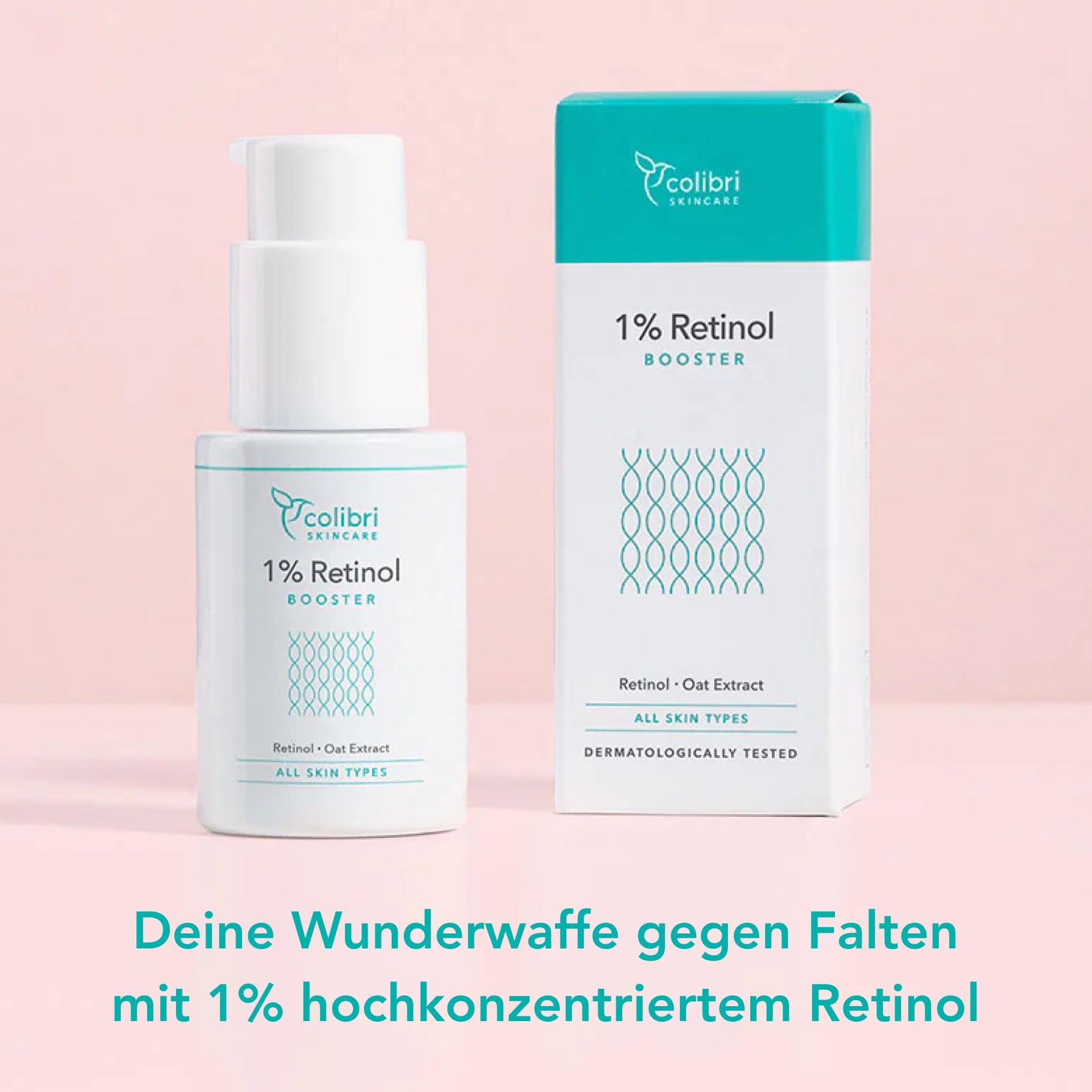 Flasche und Schachtel eines 1% Retinol Boosters von Colibri Skincare auf rosafarbenem Hintergrund.
