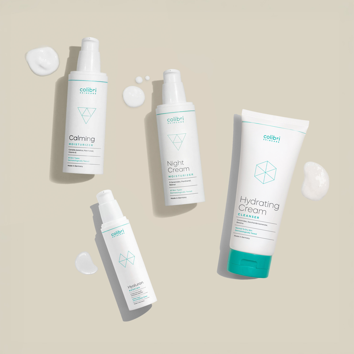 Hydrating Cream Cleanser, Hyaluron Booster, Calming Moisturizer, Night Cream Moisturizer liegend